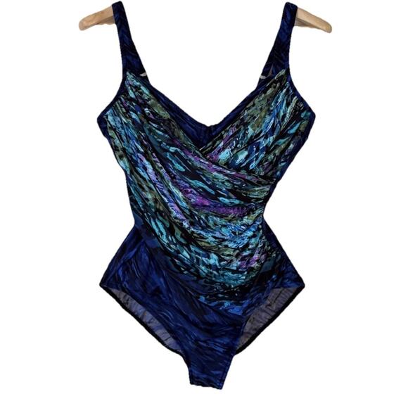 MIRACLESUIT Seraphina Size 14 One-Piece Swimsuit Blue Multi Print Underwire NWT - Picture 1 of 8
